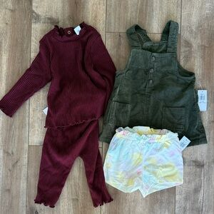 Burgundy Ribbed Set and Green Corduroy Overalls with Tie-Dye Shorts